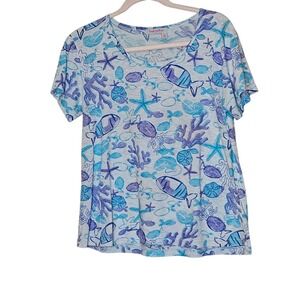 Fresh Produce Women's S/M Blue Sea Life Print V Neck Short Sleeve Top Cotton USA